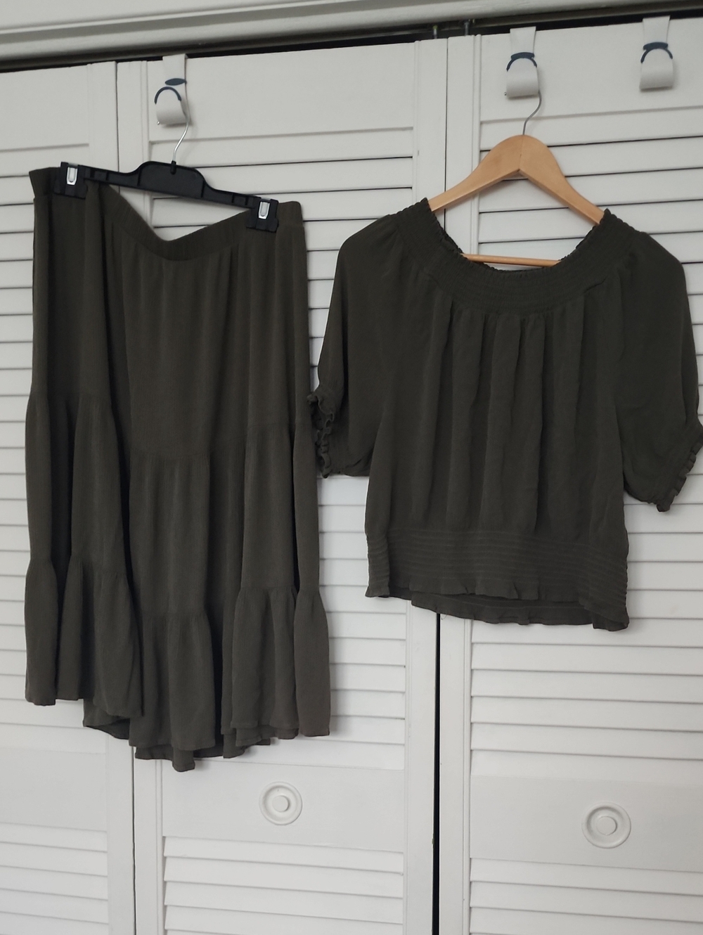George Olive Green Tiered Maxi Skirt and Matching Top Set